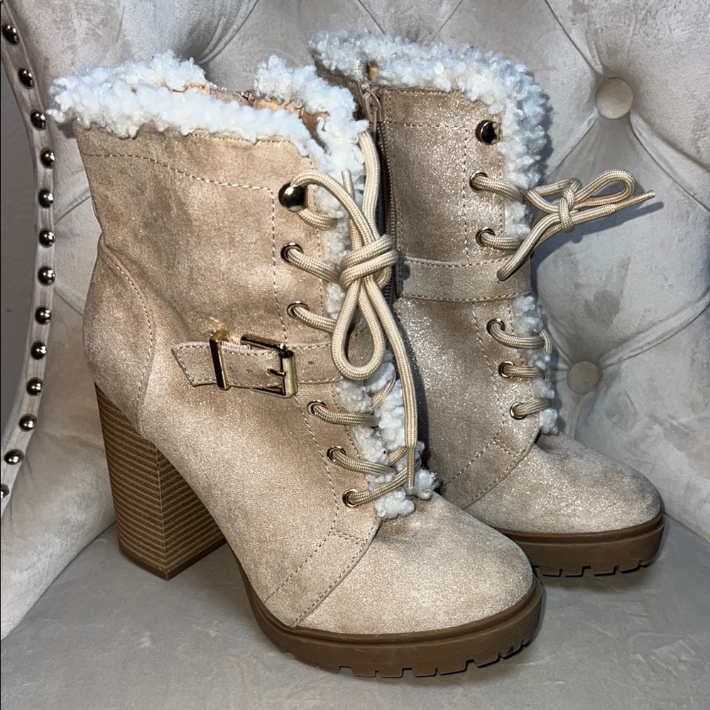 Express Beige Heeled Boots‎ with Faux Fur